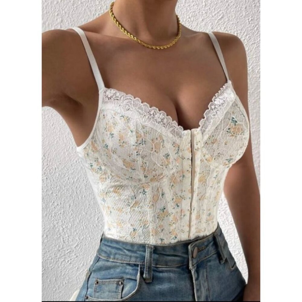 Patterned Hook and Eye Lace Trimmed Corset Bodysuit Sz 4